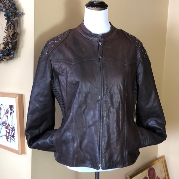 KNOLES & CARTER Size XXL Brown Leather STRETCH Metal STAR Embellished $288 NEW - Picture 4 of 16